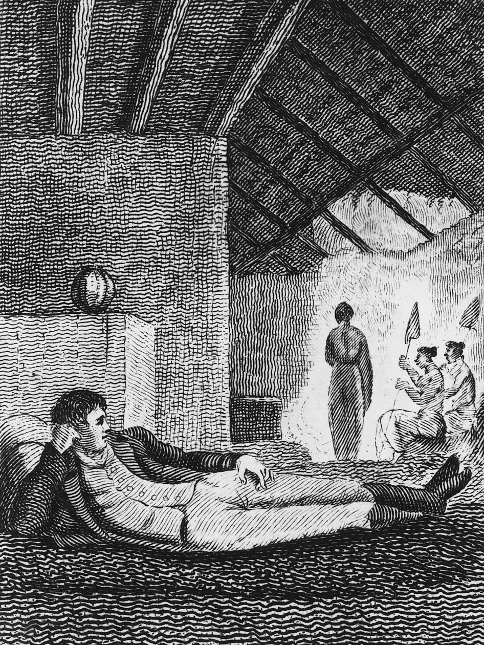 Park descansando em uma cabana nativa durante suas viagens, 1816 de Mungo Park