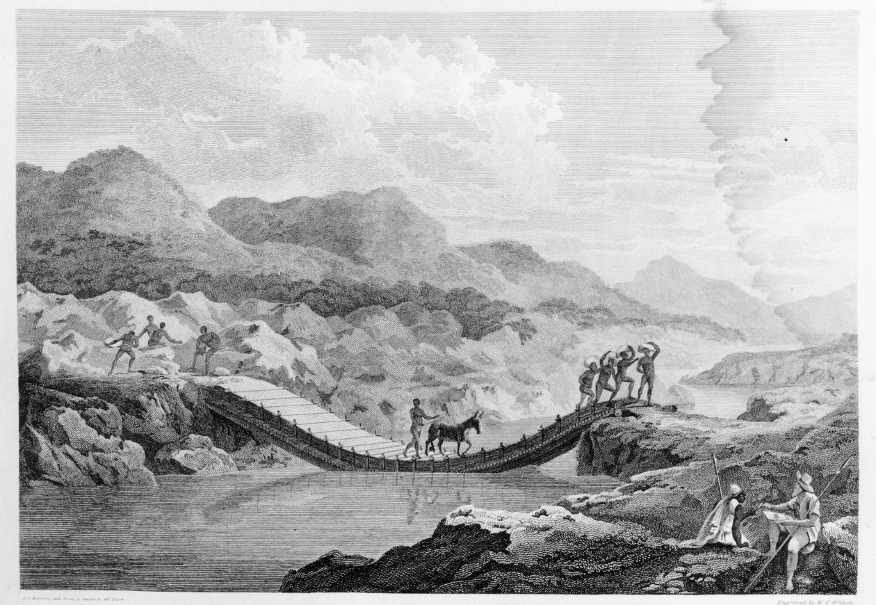 Auto-retrato esboçar a ponte sobre o rio Bafing, Senegal, de &39;Viagens nos distritos interiores da África&39;, publicado de 1799 de Mungo Park