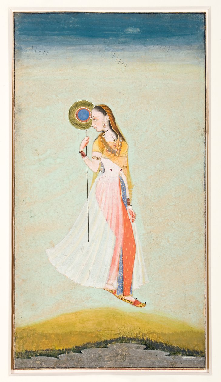 Najar foto de uma mulher segurando um leque e olhando para trás por cima do ombro, 1722 (wc opaca e ouro no papel) de Murad
