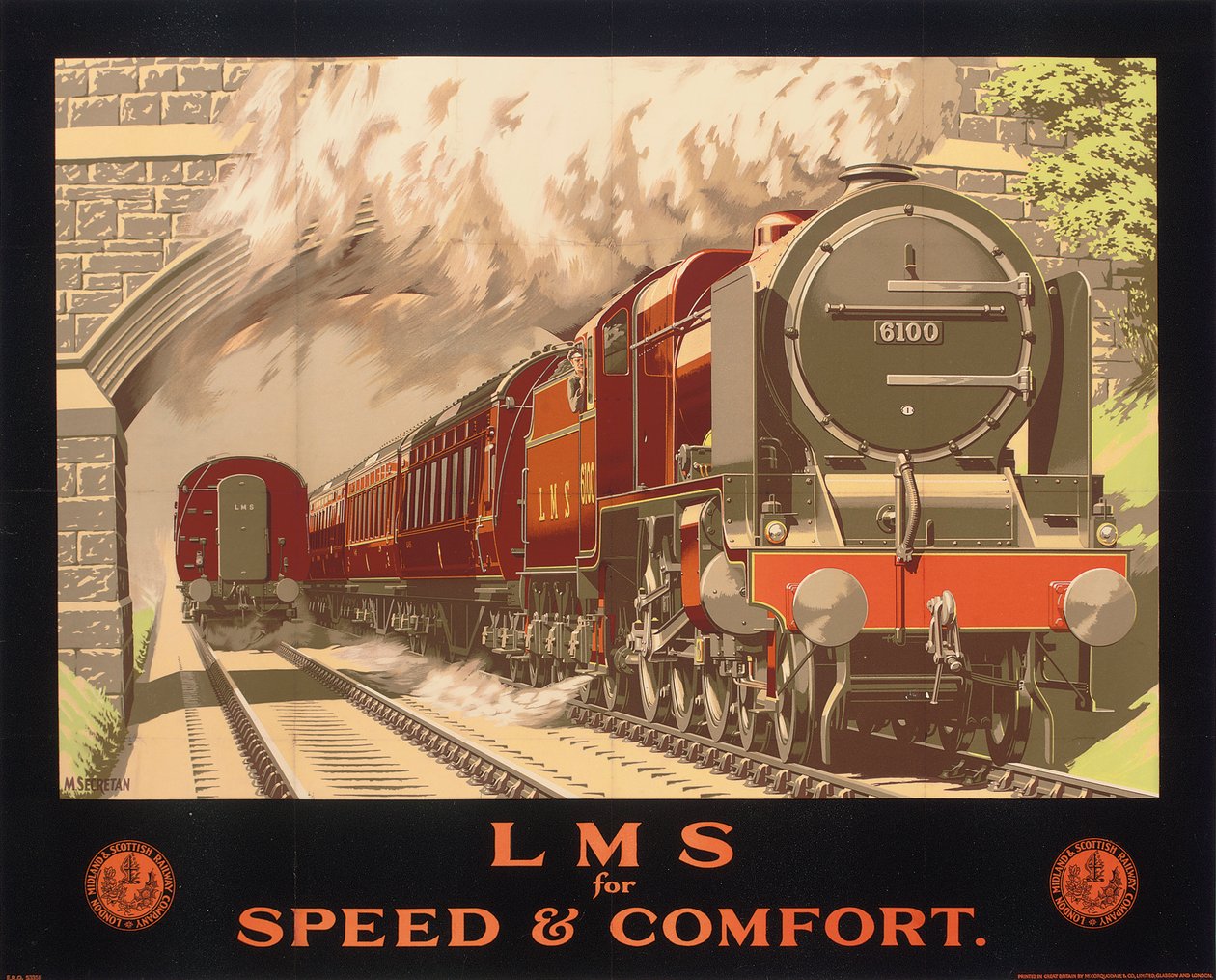 LMS para Velocidade e Conforto, cartaz publicitário da London, Midland e Scottish Railway (cor litho) de Murray Secretan