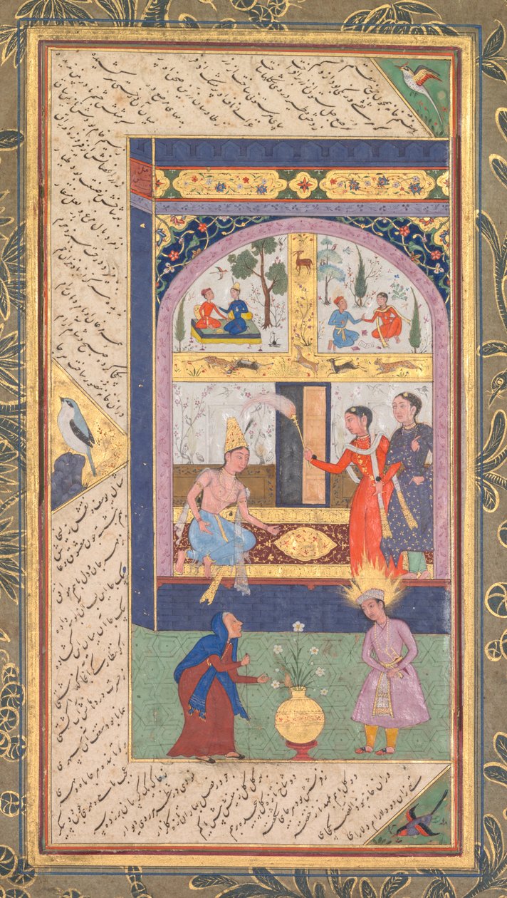 Zulaykha no seu palácio e como uma velha mulher com José, de um Panj Ganj Five Treasures..., 1603-1 de Mushfiq