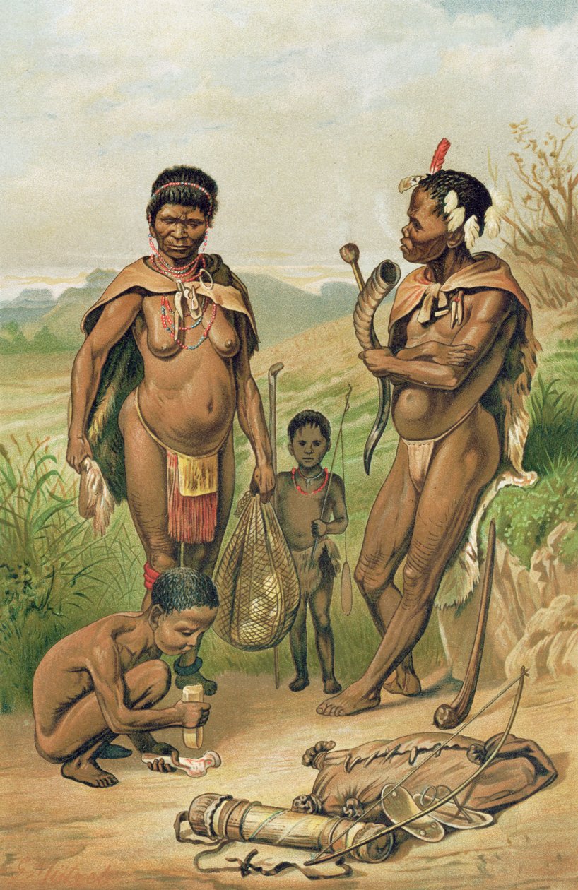 Uma Família Bosjesman, frontispício de &39;The History of Mankind&39;, Vol. 1, do Prof. Friedrich Ratzel, 1896 de Mutzel