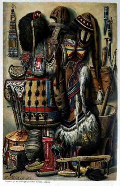Implementos, vasos e traje de raças do norte, da história da humanidade pelo Prof Friedrich Ratzel, pub. em 1904 de Mutzel