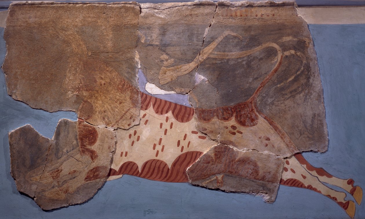 Cena de tourada, fresco do Palácio Tirinto, civilização micénica de Mycenaean