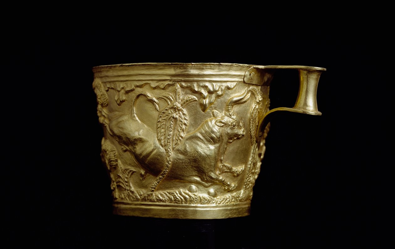 Arte Mycenian: decoração de taça de ouro de um touro em relevo de Váfio, fortaleza Mycenian ao sul do local de Esparta. 1500 AC Athenes, Museu Nacional de Arqueologia de Mycenaean