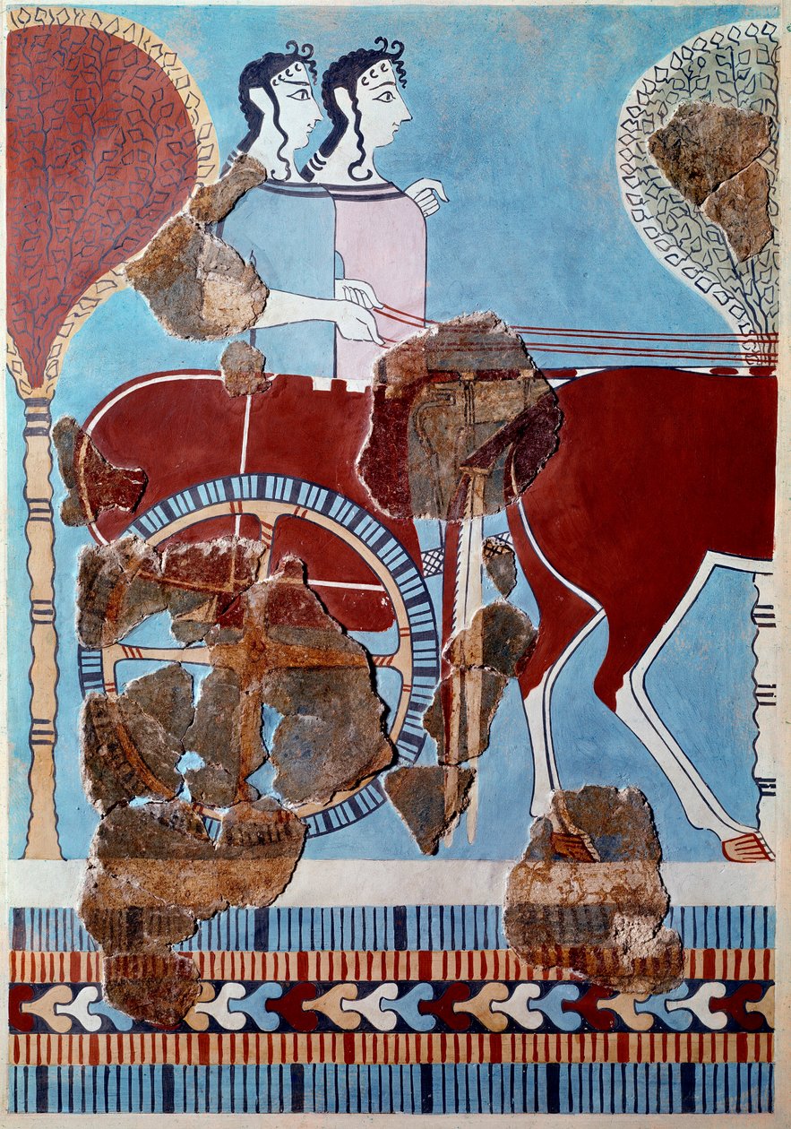 Arte micénica: casal em um tanque. Fragmento de fresco do palácio de Tirynthe e reconstituição de Mycenaean