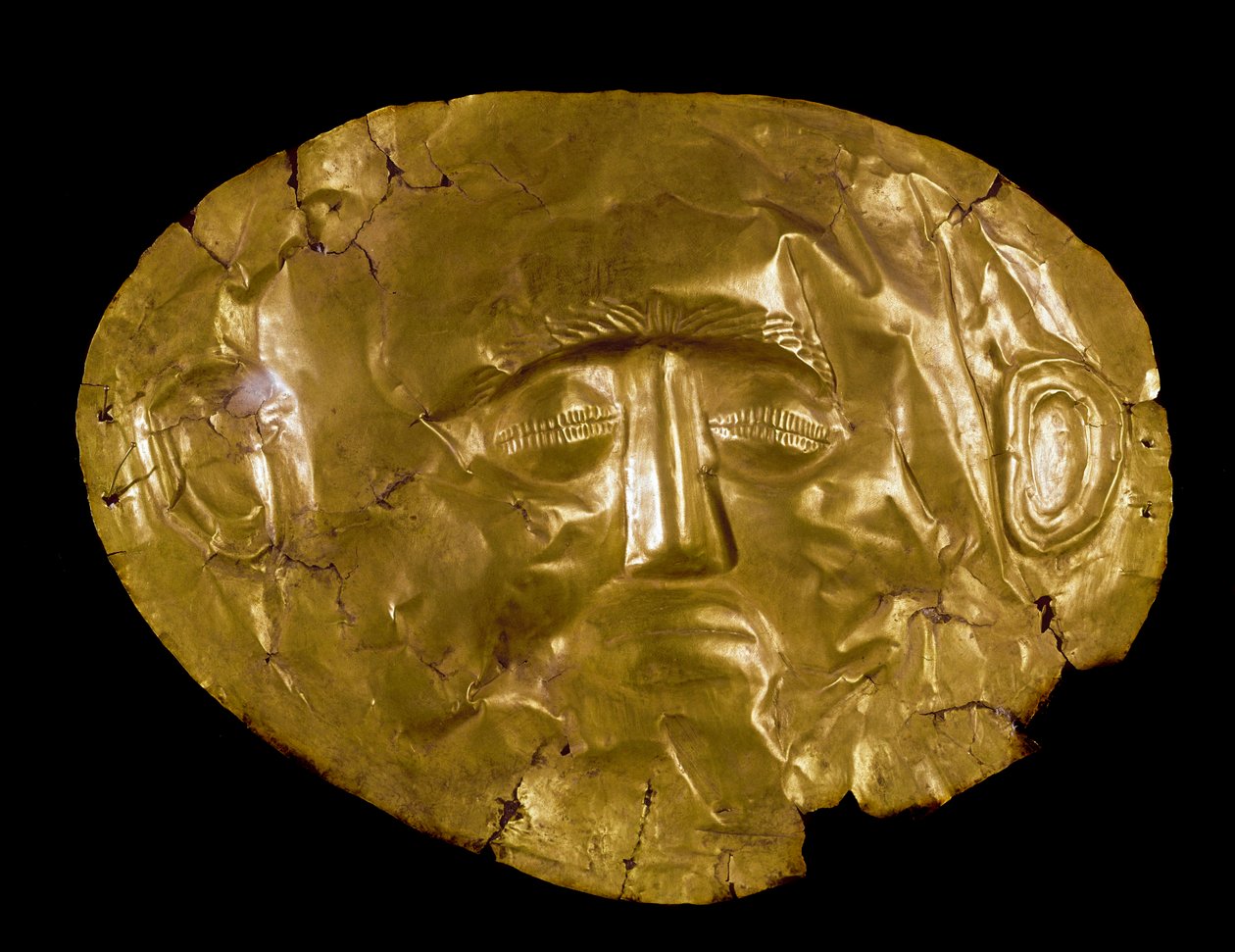 Arte micénica: máscara dourada. Do site de Mycenes. Século XVI aC Athenes, museu arqueológico nacional - Arte micénica: máscara funerária de ouro de Micenas. Século XVI a.C. Museu Nacional de Arqueologia, Atenas, Grécia. de Mycenaean