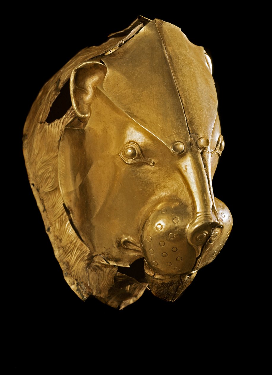 Arte micénica: ritmo ou ríton ou ríton dourado (vidro de vestuário) em forma de cabeça de leão do túmulo IV, Micenas. Século XVI a.C. Dim. 14 cm Athenes, Museu Nacional de Arqueologia - Arte micénica: ríton da cabeça de leão dourado (vidro cerimonial) de G de Mycenaean