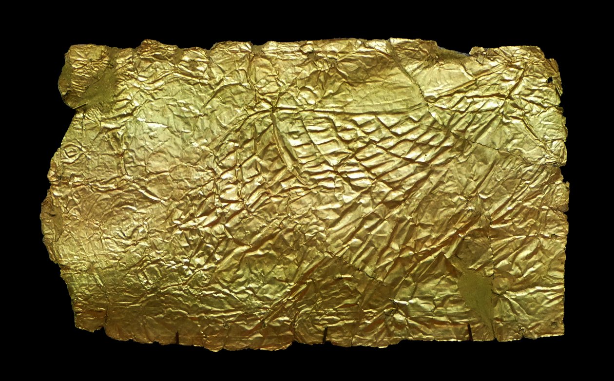 Cobertura em folha de ouro para placa em forma de vaso de vidro de Mycenaean