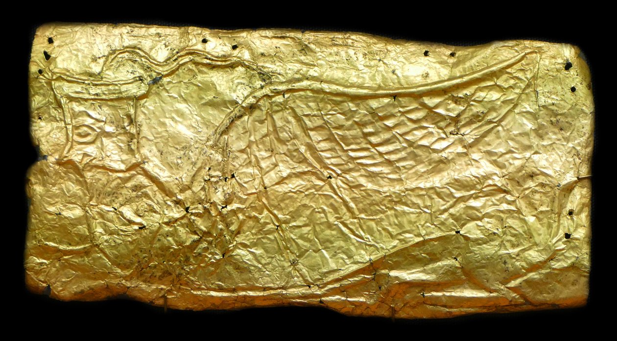 Cobertura em folha de ouro para placa em forma de vaso de vidro de Mycenaean
