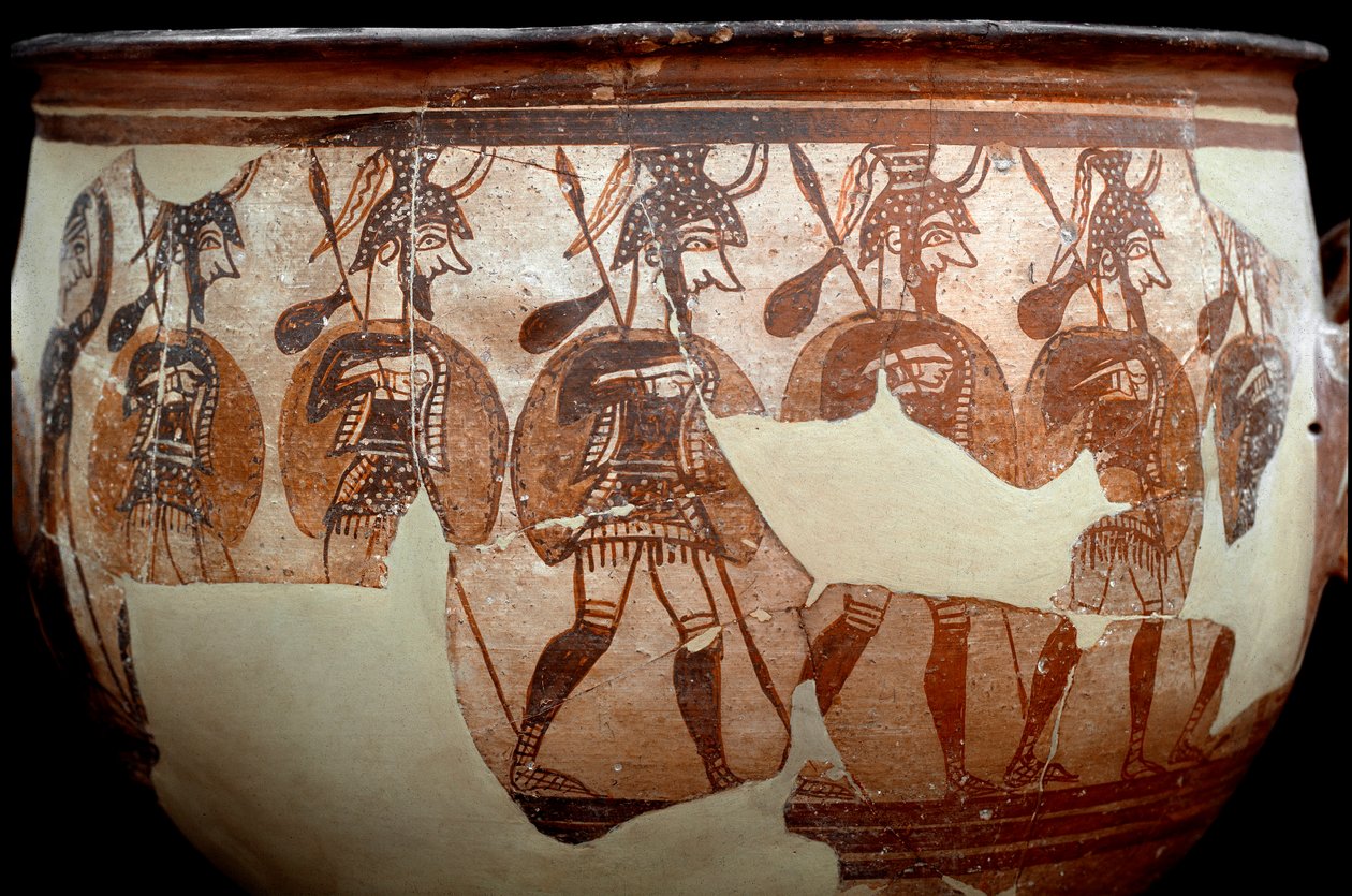 Civilização micénica: cratera chamada os Guerreiros. Do círculo de túmulos A a Micenas. Século XII a.C. Atenienses, Museu Nacional Arqueológico - Arte da civilização micénica: cratera chamada Cratera dos Guerreiros. Do círculo de túmulos A de Micenas. 12º  de Mycenaean Mycenaean