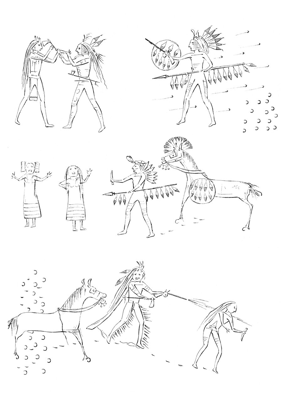 Façanhas de quatro ursos, guerreiro nativo americano, 1841. de Myers and Co