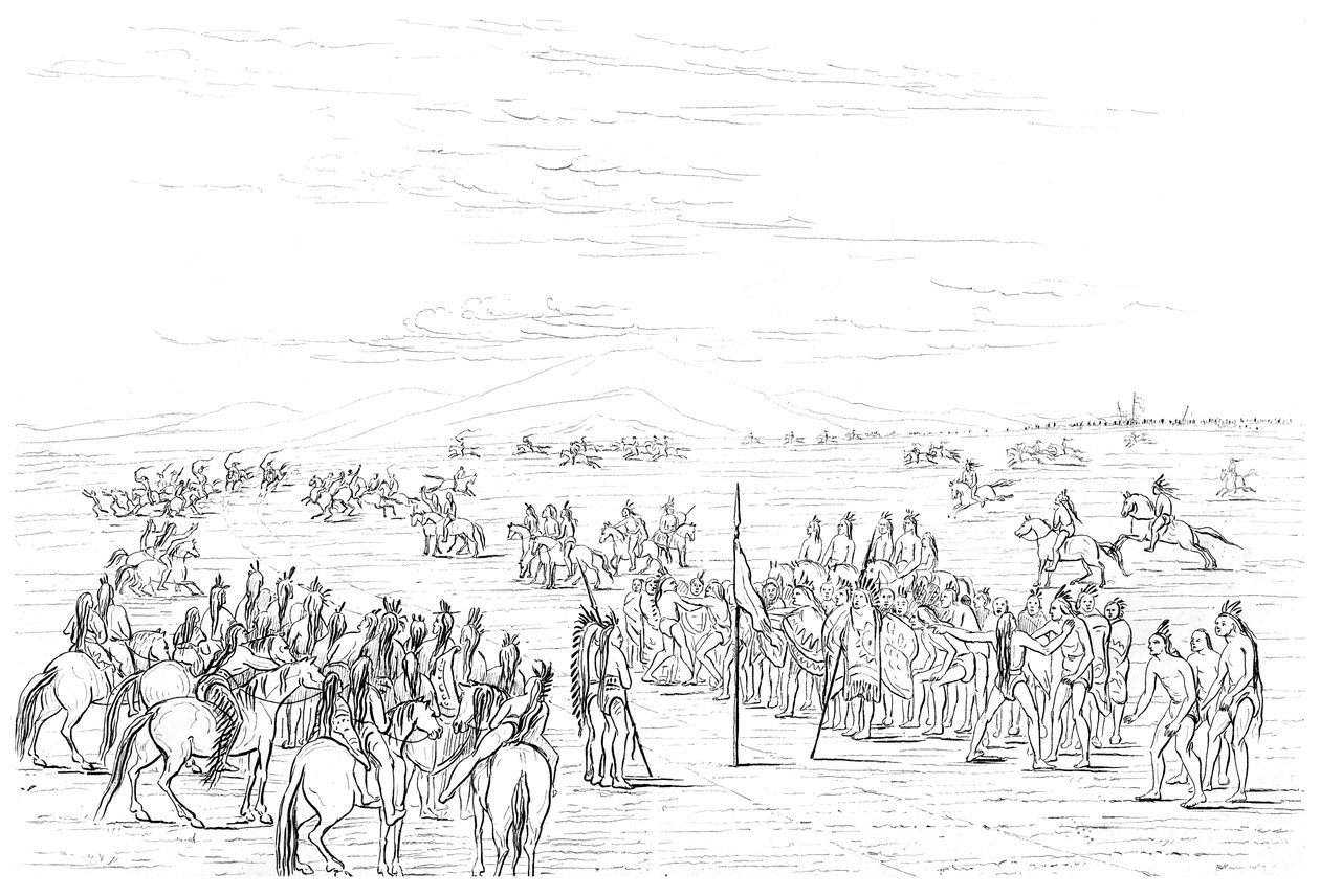 Corrida de cavalos do nativo americano, 1841. de Myers and Co