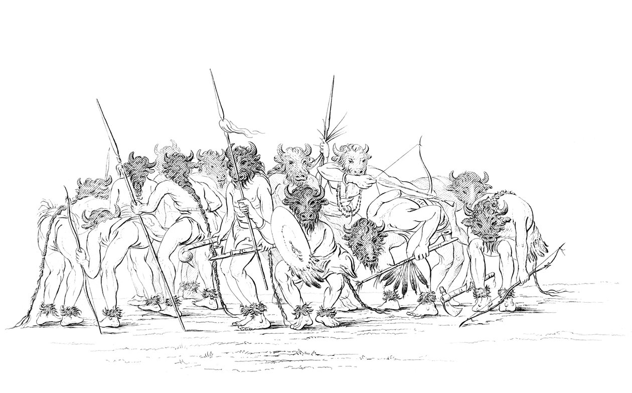 Caçadores de nativos americanos dançando com máscaras de búfalo, 1841. de Myers and Co