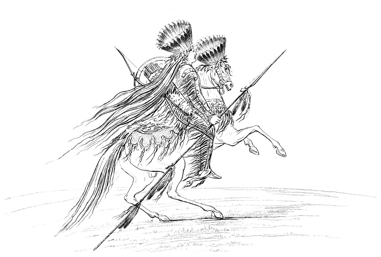 Homem nativo americano com armas e touca, montando um cavalo, 1841. de Myers and Co