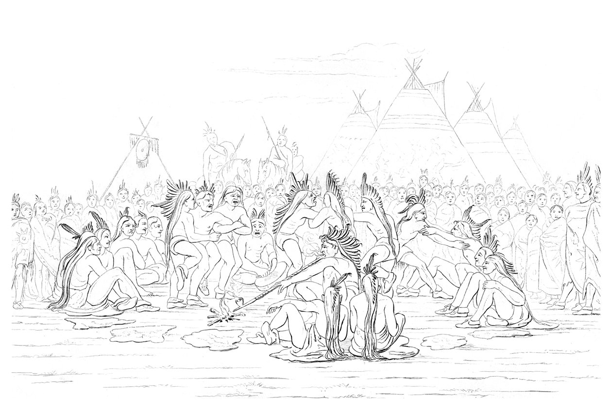 Dança de cachimbo do nativo americano, 1841. de Myers and Co