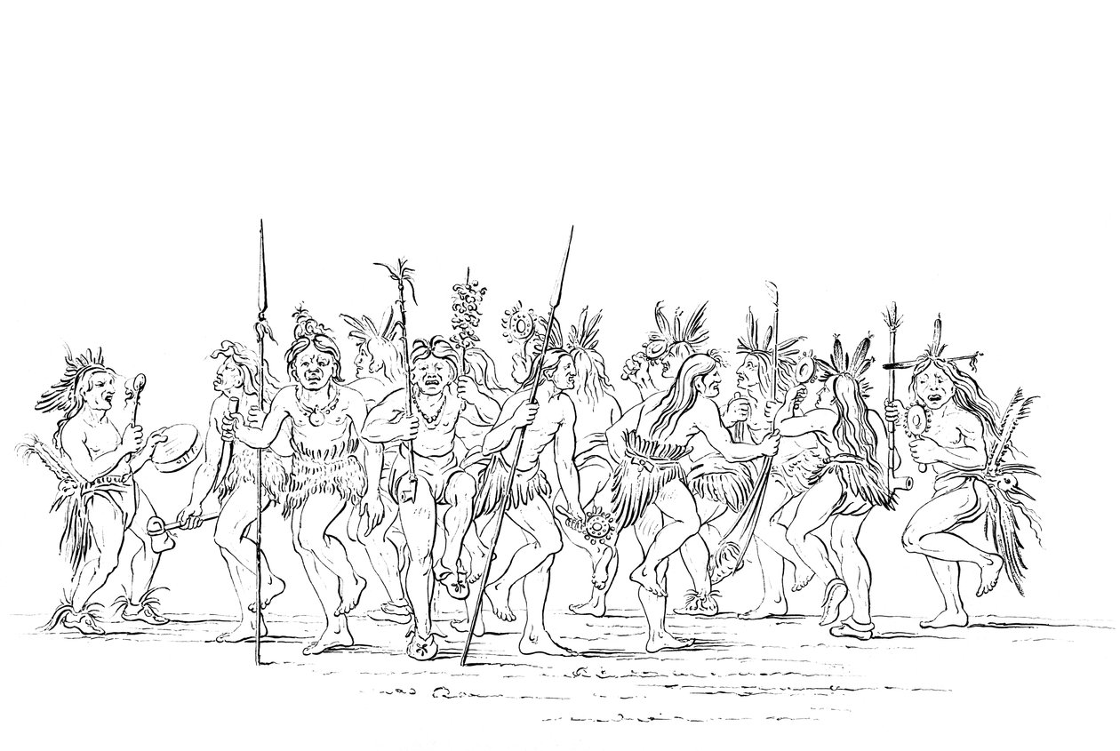 A tribo Sioux realizando uma dança de mendigo, 1841. de Myers and Co
