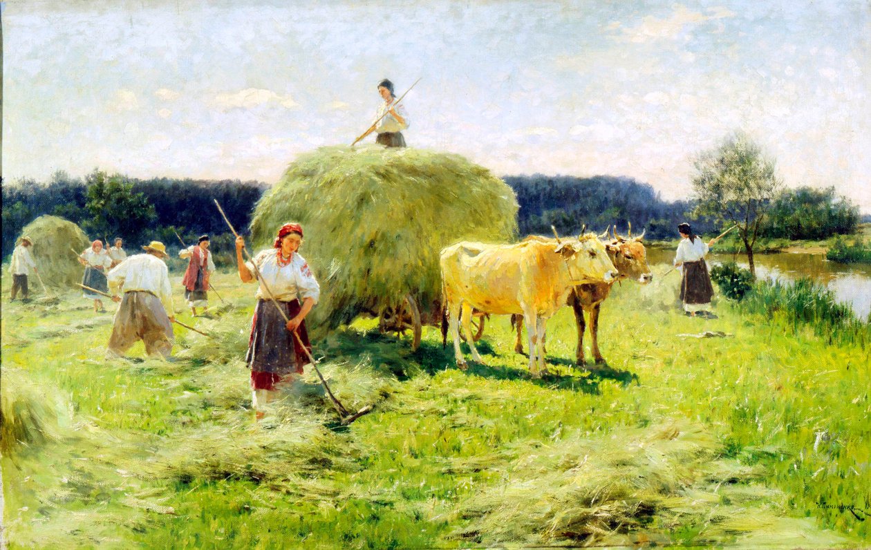 Fabricação de feno, 1907. de Mykola Kornylijowytsch Pymonenko