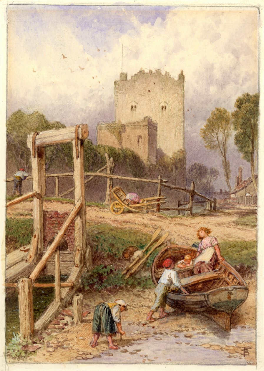 Paisagem com barco e figuras (aquarela sobre papel) de Myles Birket Foster
