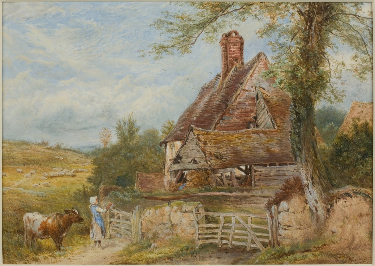 Paisagem com Cottage, menina e vaca (bodycolour und lápis sobre papel, colado no cartão) de Myles Birket Foster