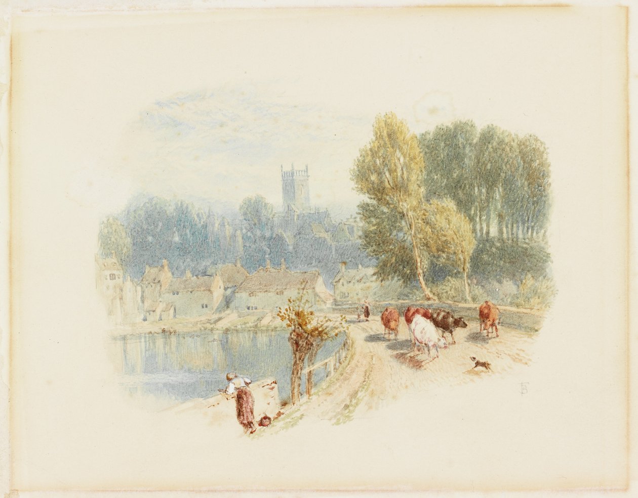 Cena do rio com a Igreja (lápis e aquarela no cartão) de Myles Birket Foster