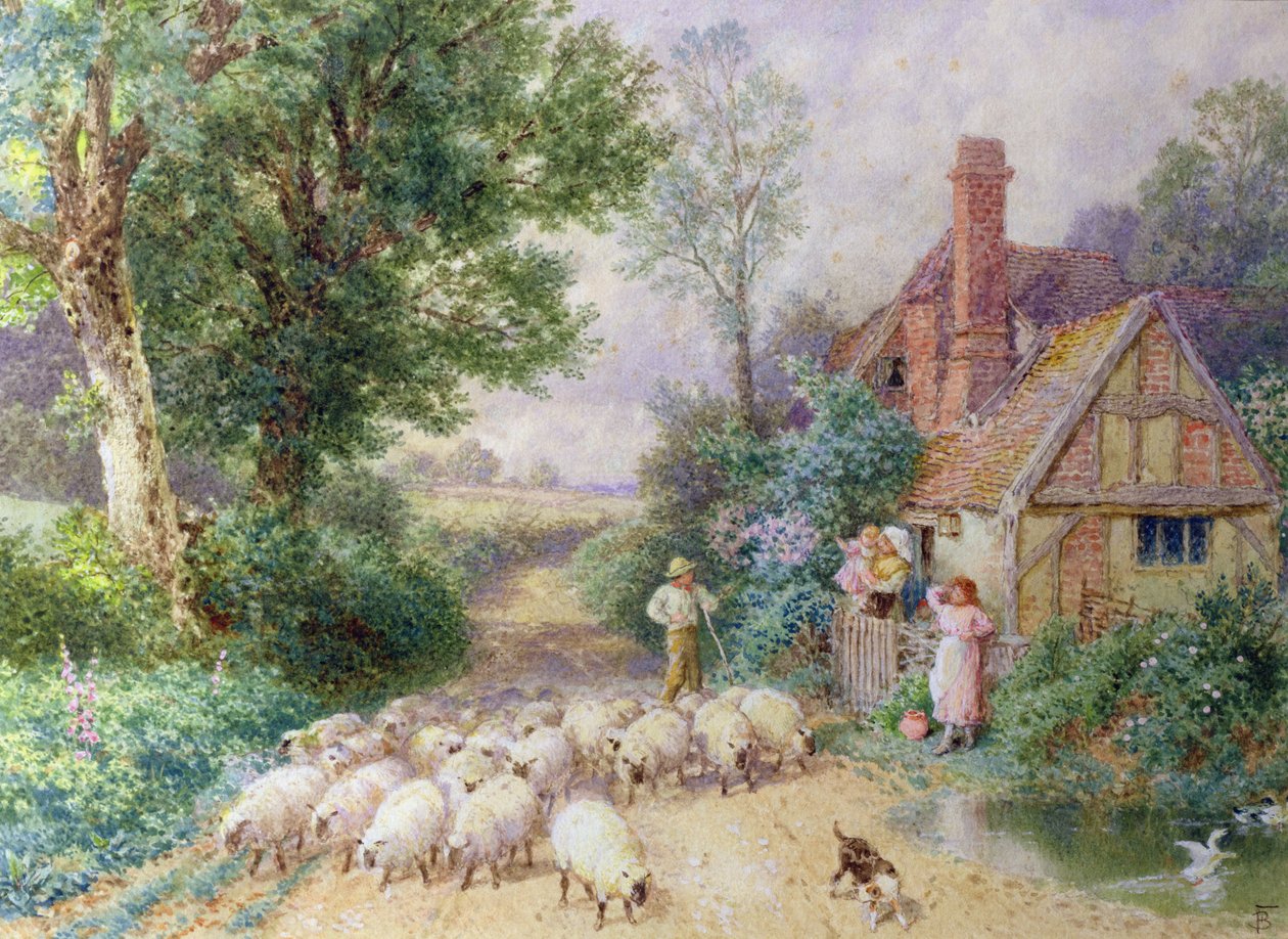 Pastor e seu rebanho passando uma casa de campo de Myles Birket Foster