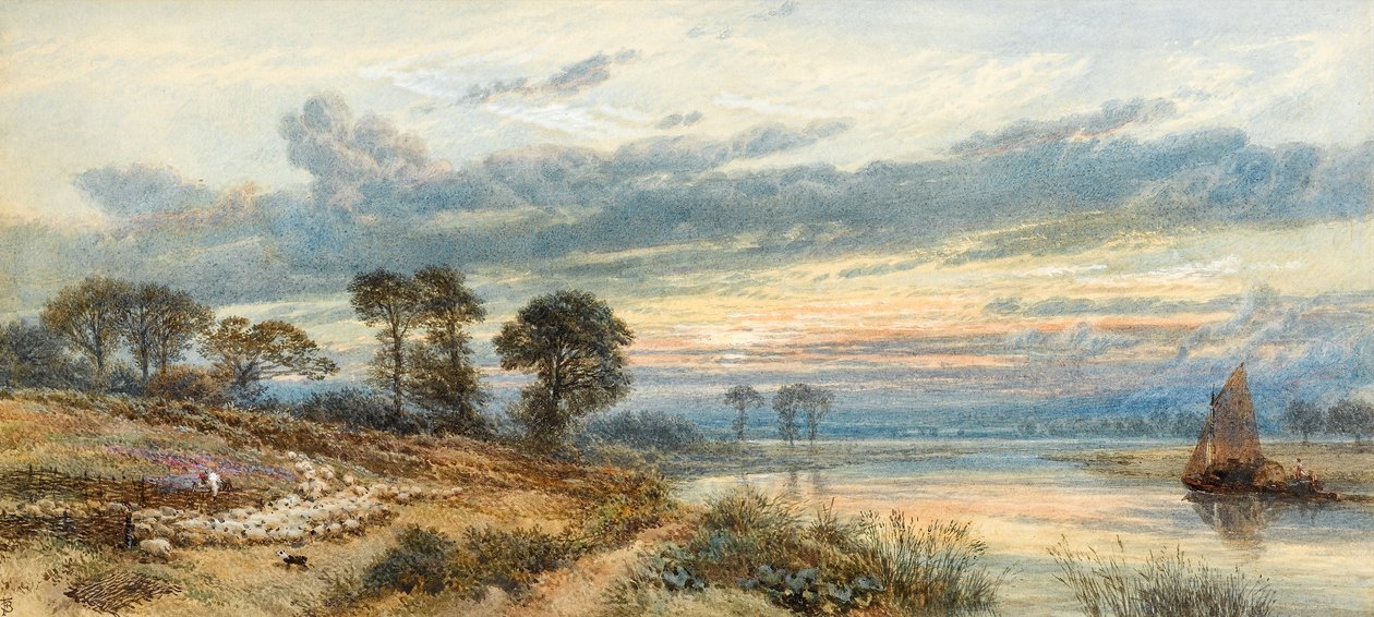 Pôr do sol sobre o rio (wc no papel) de Myles Birket Foster