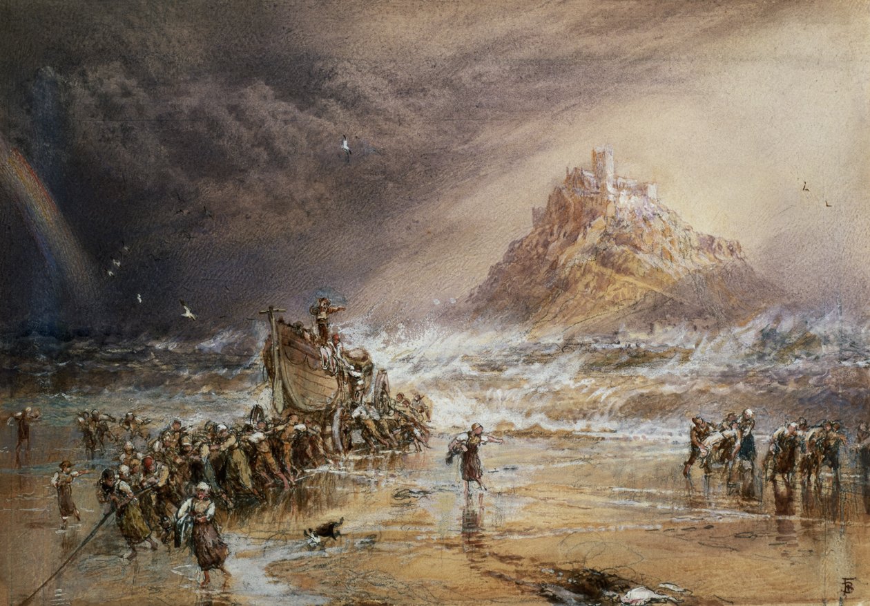 O Retorno do Barco da Vida com o Monte de São Miguel à Distância, c.1874 (wc, bodycolour e lápis aumentados com branco sobre papel) de Myles Birket Foster