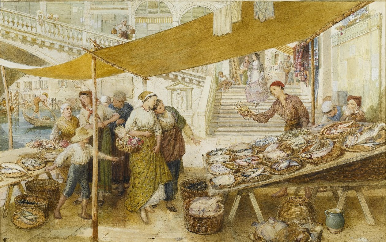 O mercado de peixe nos degraus da ponte de Rialto de Myles Birket Foster