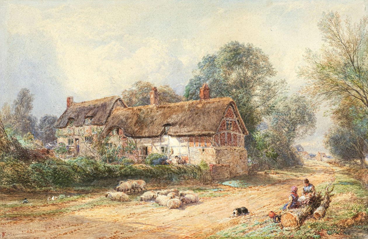 Uma casa de palha numa rua (aguarela) de Myles Birket Foster