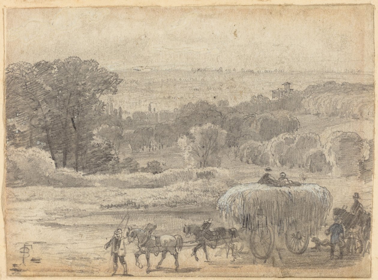 Paisagem ao entardecer com uma carroça de feno de Myles Birket Foster