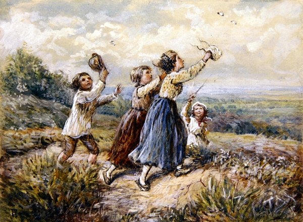 Crianças a perseguir borboletas (guache e aguarela sobre papel) de Myles Birket Foster