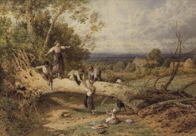 Crianças brincando em uma árvore caída de Myles Birket Foster