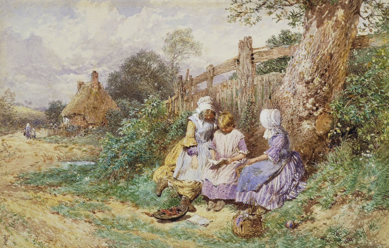 Crianças lendo ao lado de uma pista rural, de Myles Birket Foster