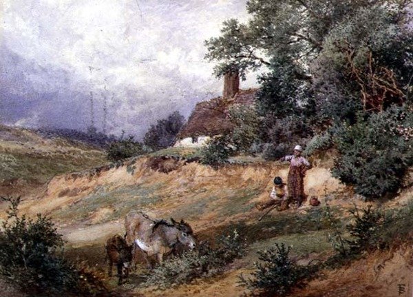 Crianças e Burros por um Heath Cottage de Myles Birket Foster
