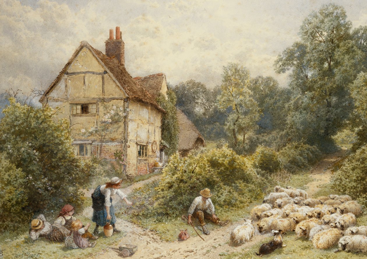 Fowl House Farm, Witley, com filhos, um pastor e um rebanho de ovelhas nas proximidades, de Myles Birket Foster