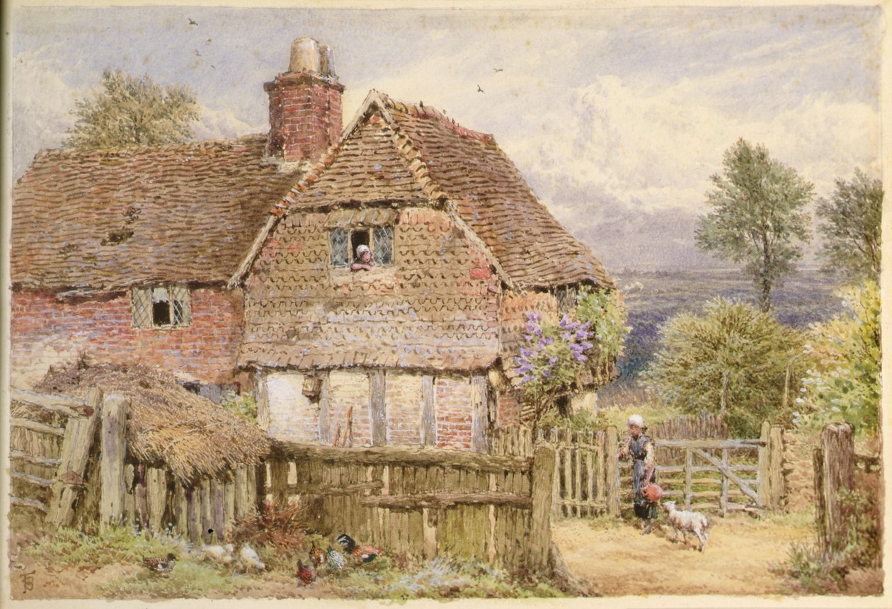 Rapariga com um Cordeiro por Casa de Campo (lápis e aguarela) de Myles Birket Foster