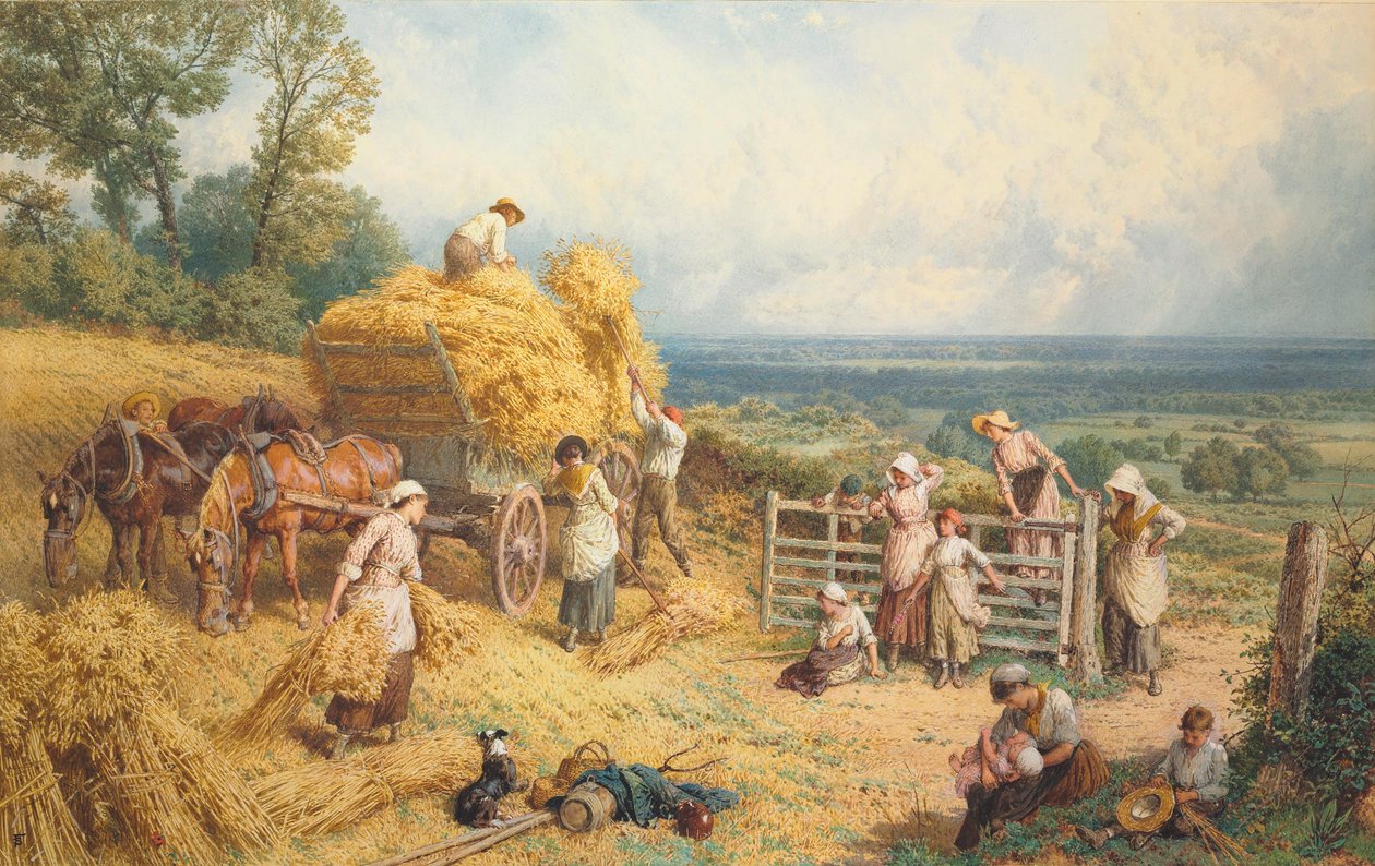 Hora da colheita (lápis e aguarela aumentados com corpóreos sobre papel) de Myles Birket Foster
