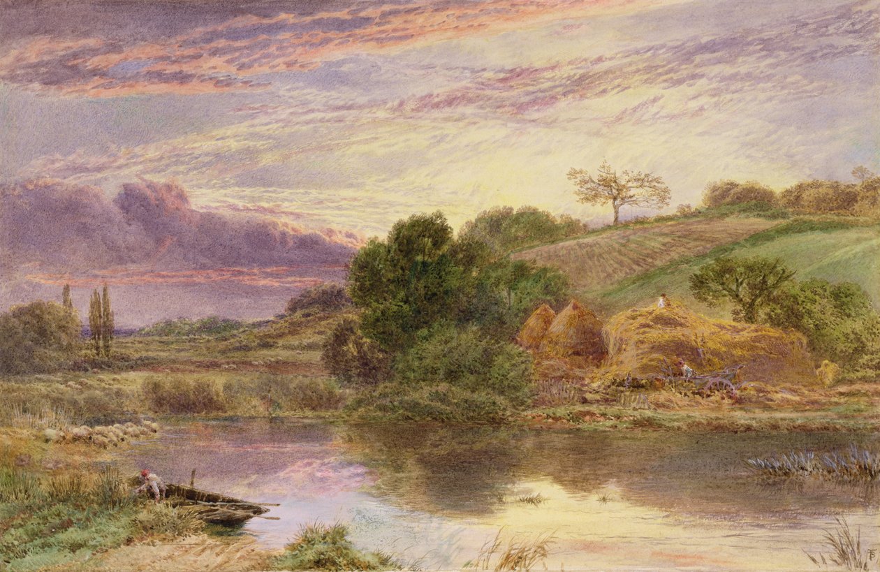 Palheiros ao lado de um rio ao entardecer (aquarela realçada com branco) de Myles Birket Foster