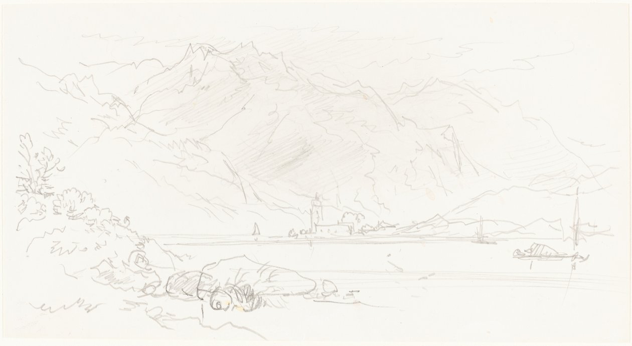 Lago em uma paisagem montanhosa de Myles Birket Foster