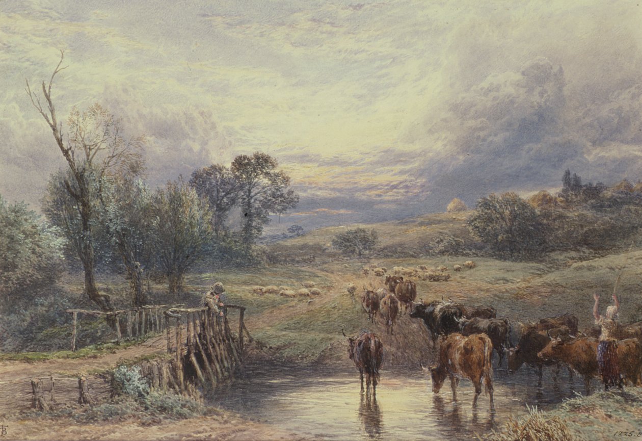 Paisagem, com, boiada, e, ponte, 19o século de Myles Birket Foster