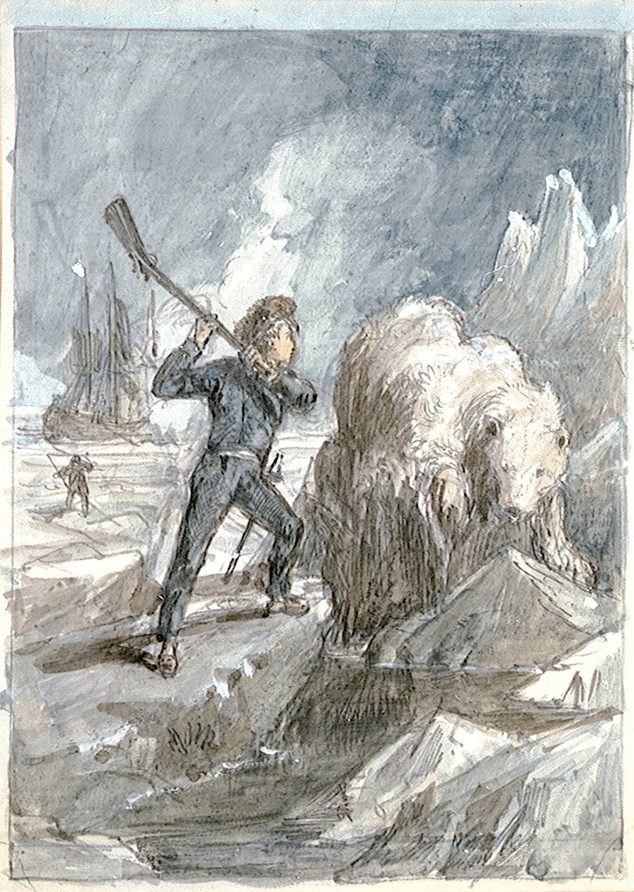 Nelson ao encontro de um urso, c.1854 (lavagem a cinzento, realçada com branco, aguarela, grafite) de Myles Birket Foster