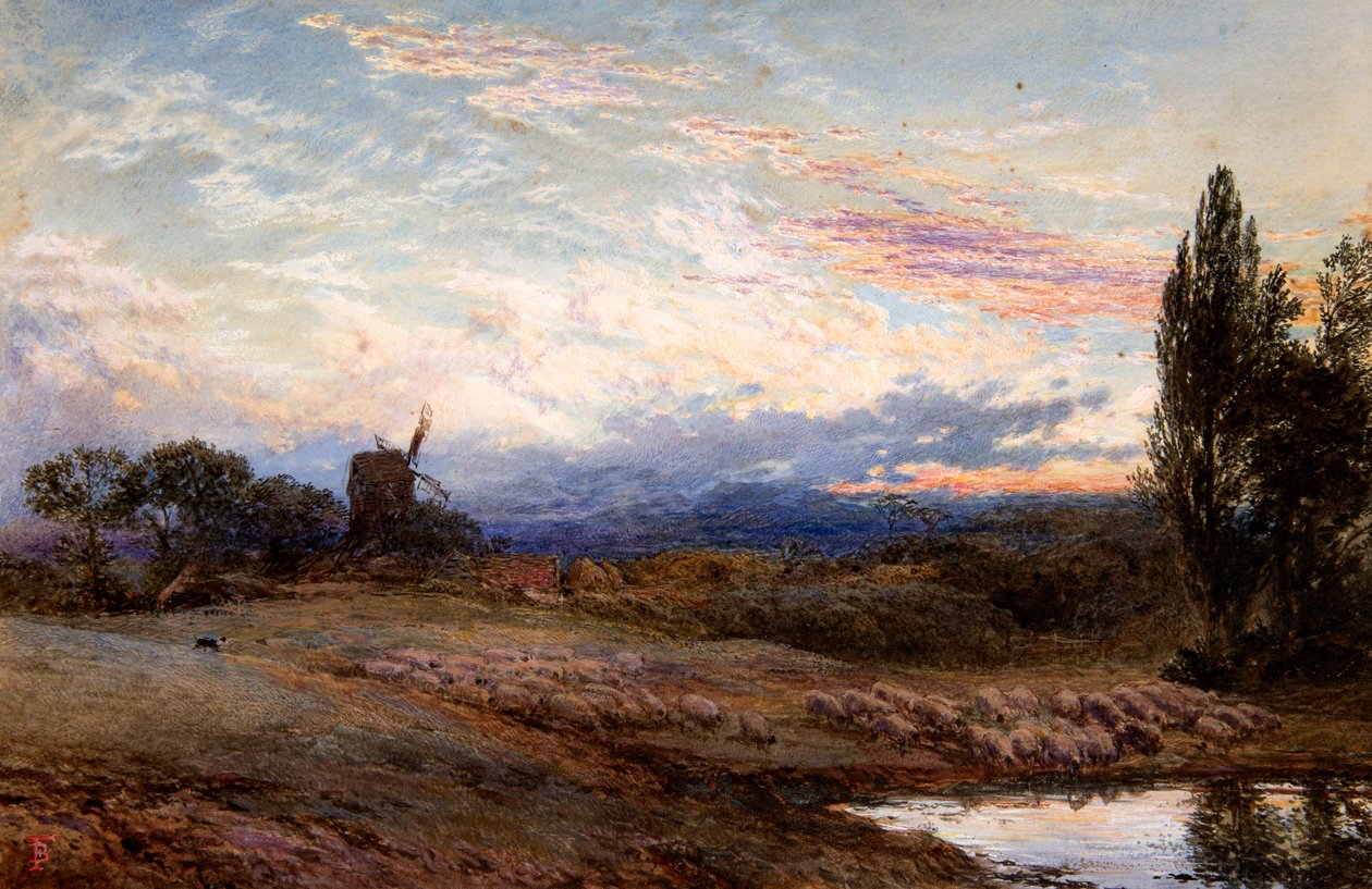 Ovelhas a dar de beber ao pôr do sol (aguarela) de Myles Birket Foster