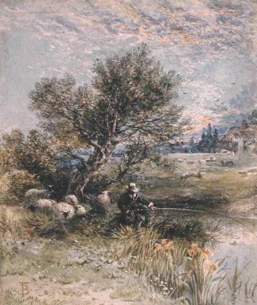 O Angler (aguarela com corpinho no papel) de Myles Birket Foster