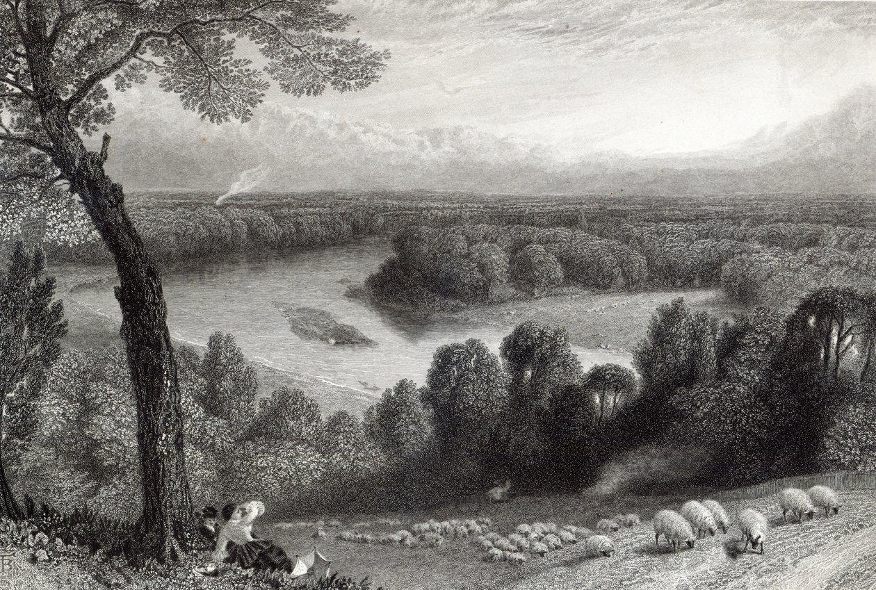 O Tamisa de Richmond Hill, gravado por J. Saddler, impresso por Cassell, Petter und Galvin de Myles Birket Foster