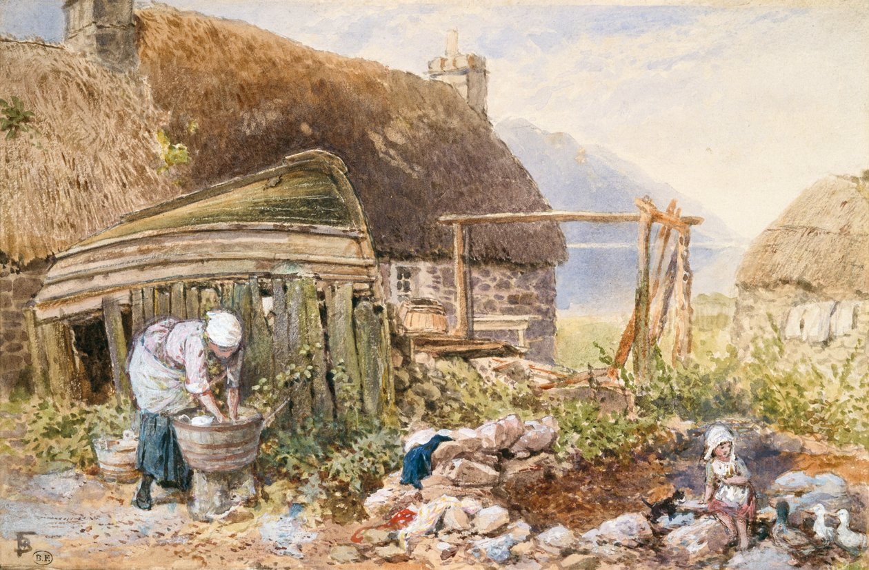 Dia de Lavagem em Balmarcara, c.1860 (aguarela sobre papel) de Myles Birket Foster
