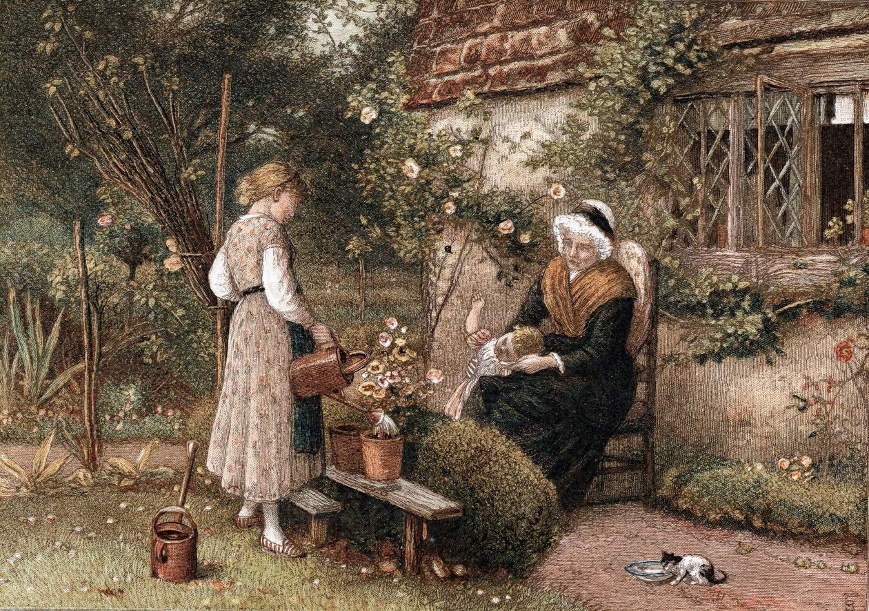 Juventude e idade. Cromolitografia segundo pintura de Myles Birkett Foster (1825-1899), artista inglês, publicada em Londres em 1866. Avó com touca de renda sentada no jardim de uma casa de campo com dois netos. A rapariga usa um regador para regar uma pla de Myles Birket Foster
