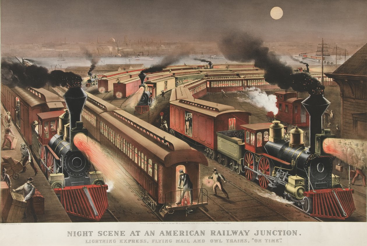 Cena Noturna Em Uma Junção Ferroviária Americana, 1876 de Nathaniel Currier