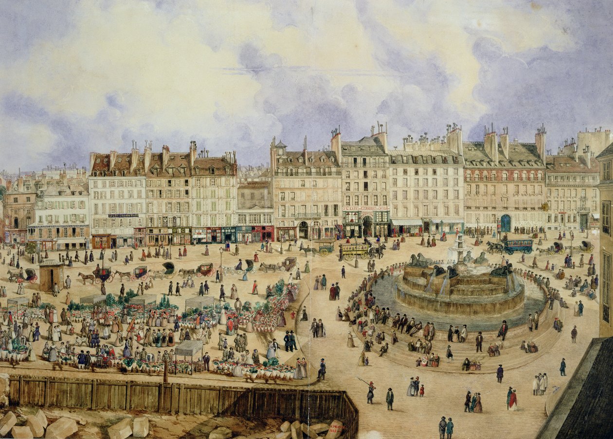 Vista da Place de la Republique e da Fonte, 1848 (wc no papel) de N. Pelcocq