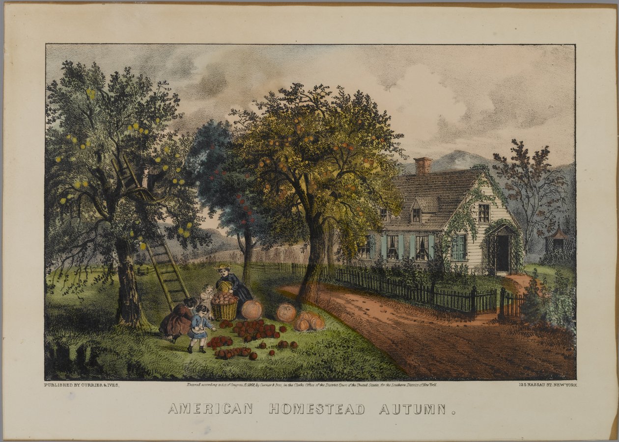 American Homestead Autumn, 1868-69 (litografia colorida à mão) de N. and Ives, J.M. Currier